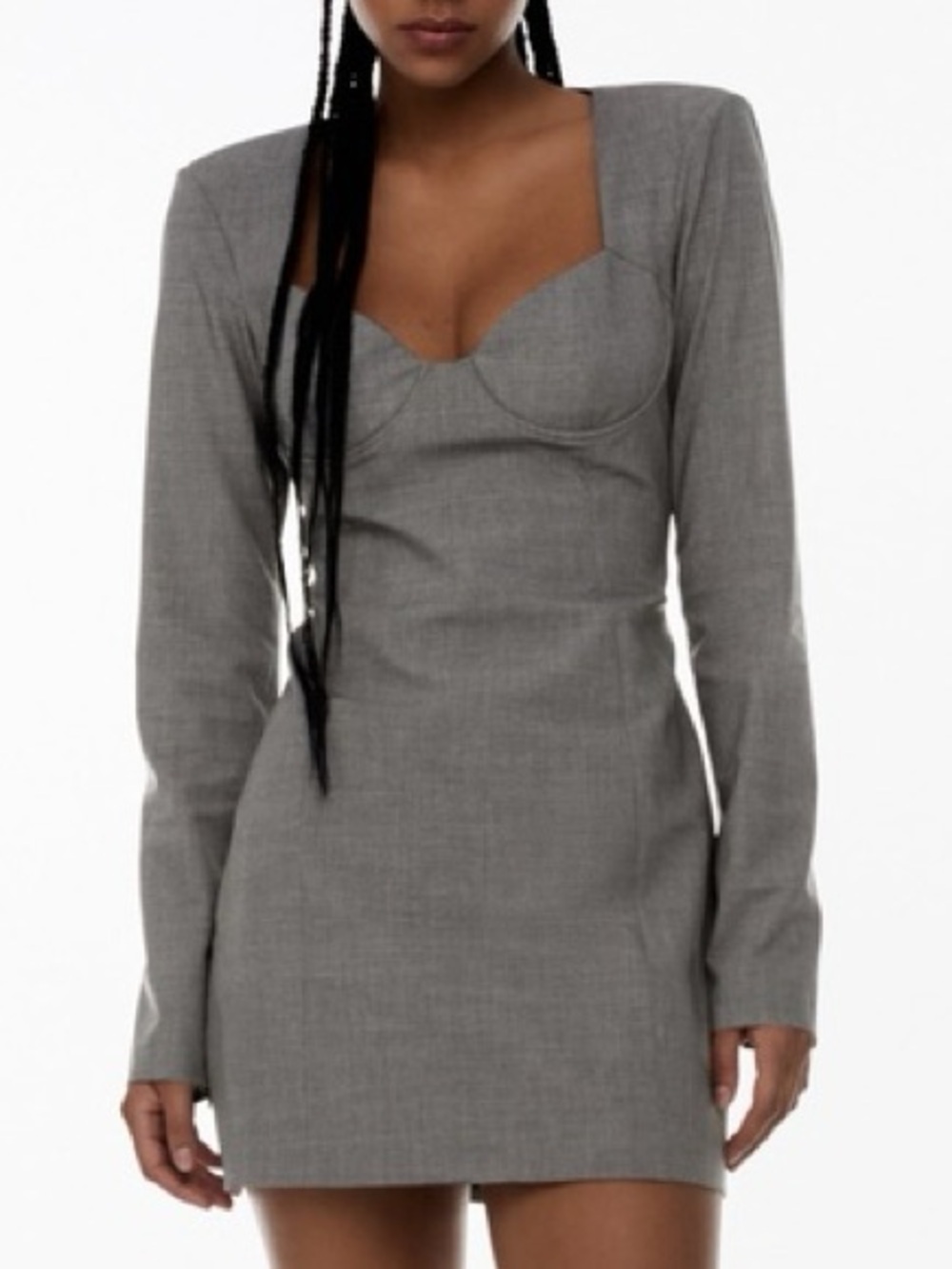 Zara| Grey Poplin Boustier Long-Sleeve Sweetheart Neck Office Mini Dress Sz XS